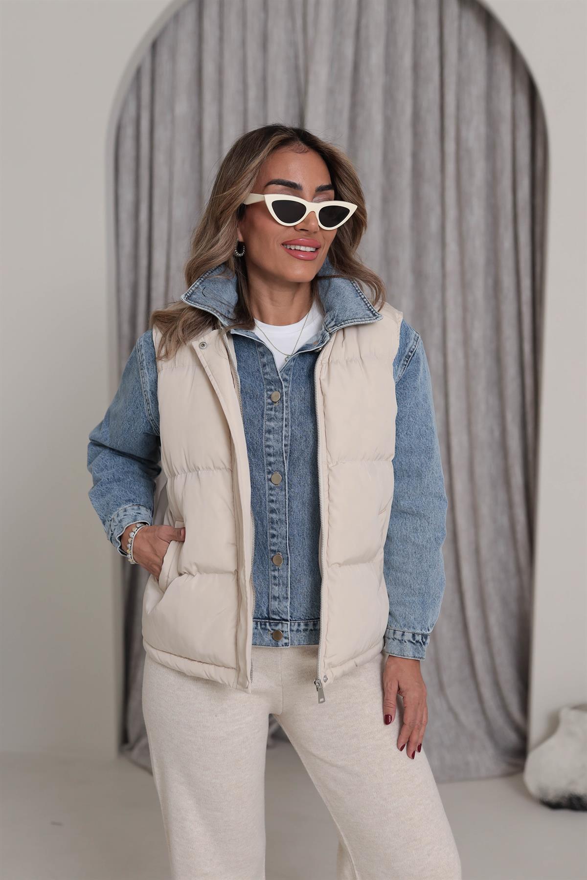 9423 Şişme Yelek Tasarımlı Kot Detaylı Mont TAŞ