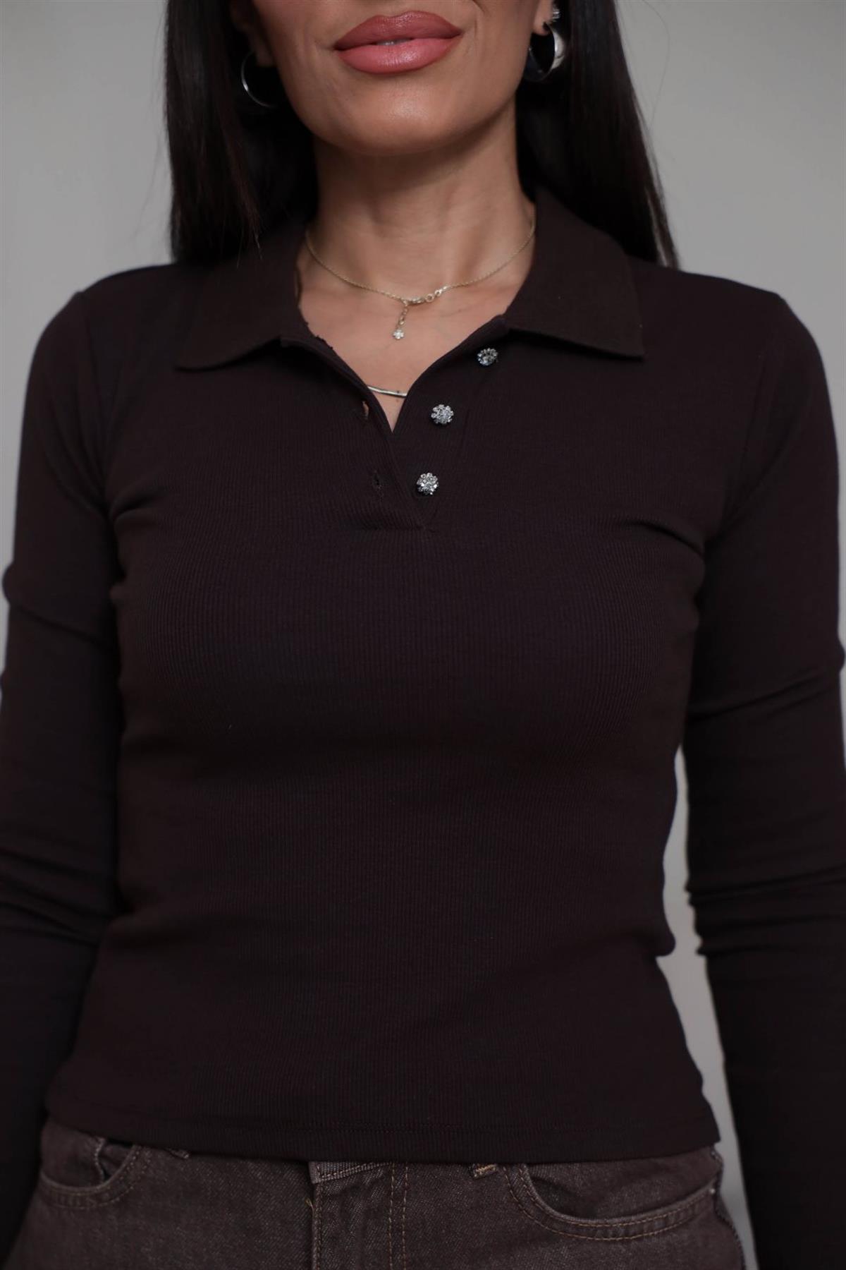 7195 Taş Düğme Detaylı Polo Yaka Bluz ACI KAHVE
