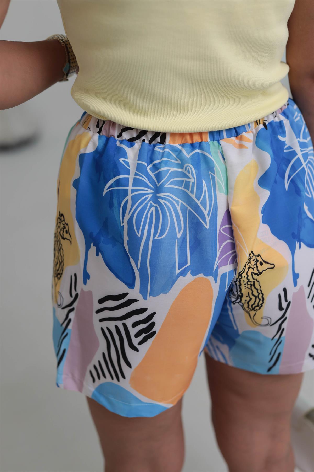 0409 Desenli Beli Lastikli Şort MAVİ