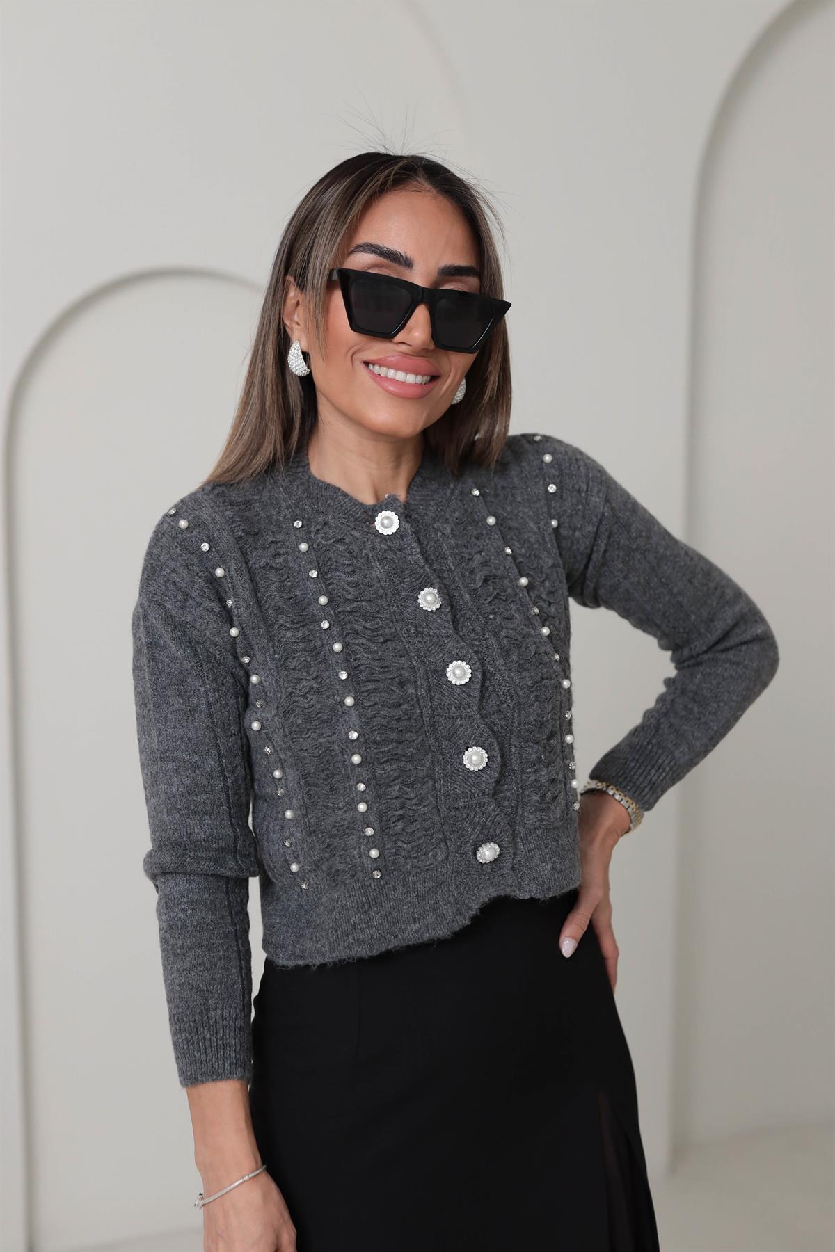 0122 Taş ve İnci Detaylı Hırka GRİ