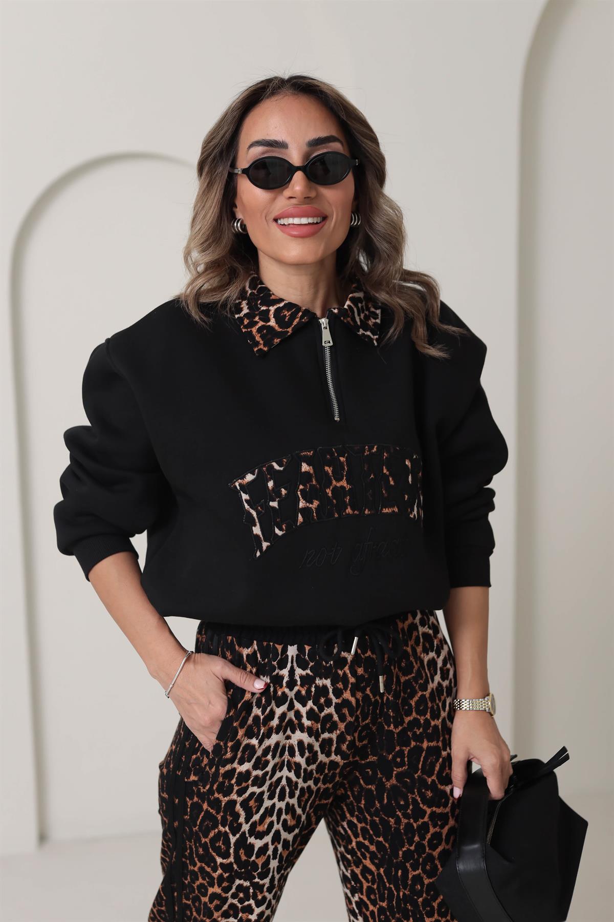 Leopar Yakalı Nakışlı Şardonlu Sweatshirt SİYAH