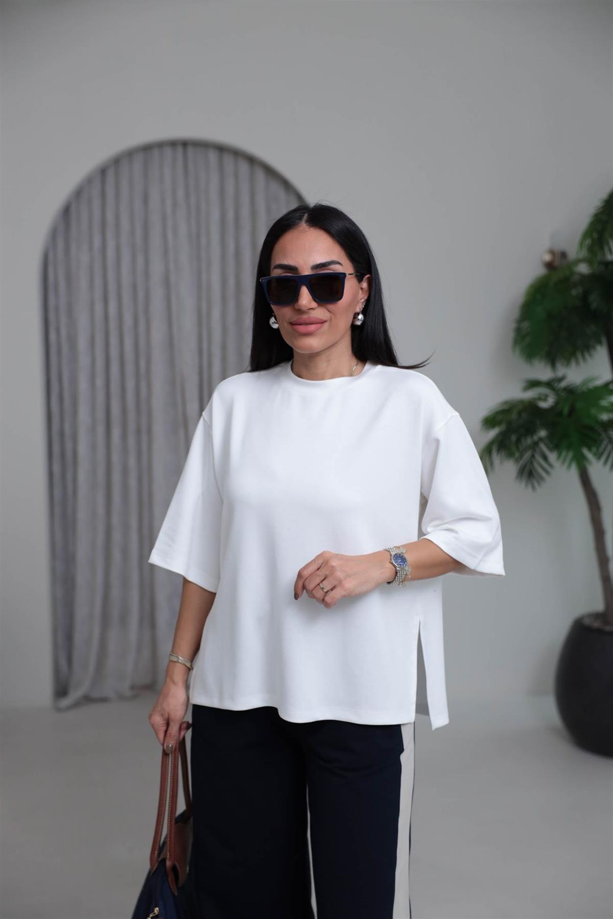 1066 Yanları Yırtmaçlı Bisiklet Yaka Modal Tshirt EKRU