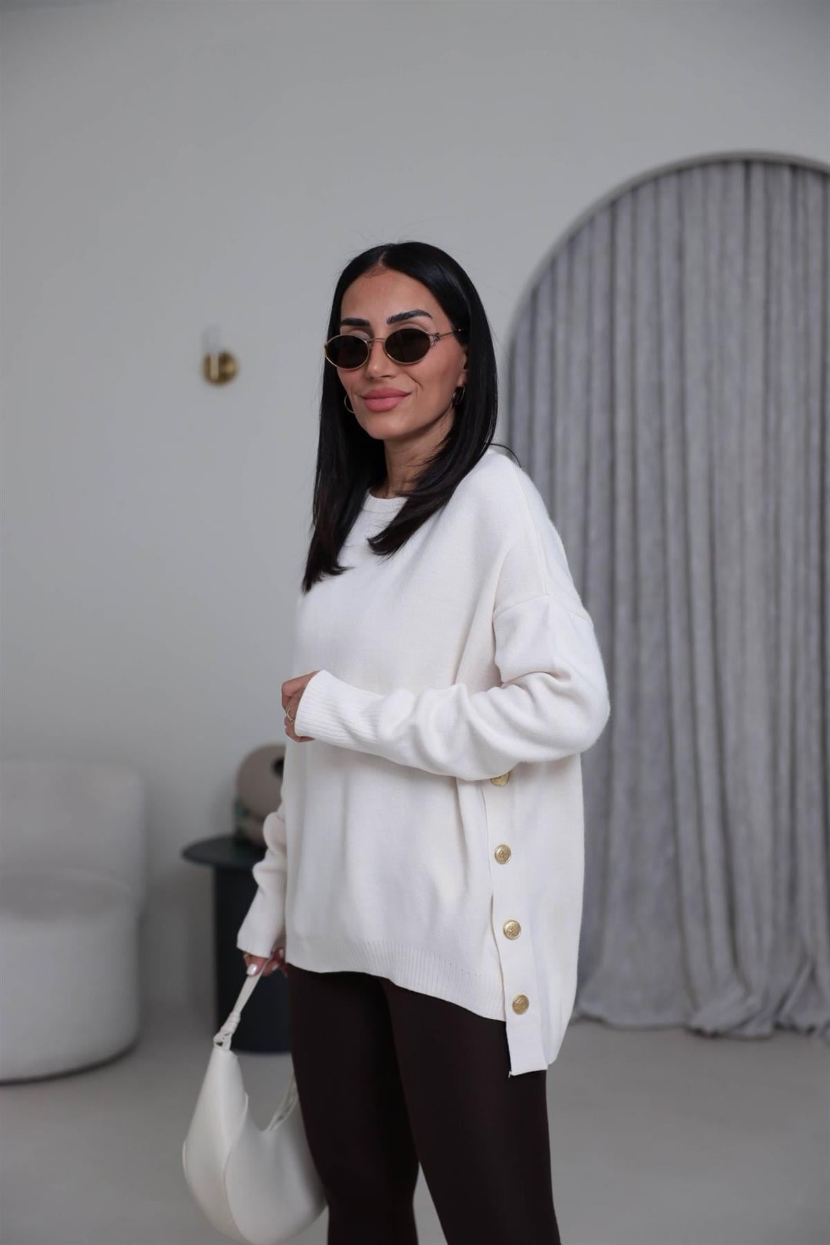 0184K Yanları Gold Düğmeli Uzun Triko Kazak EKRU