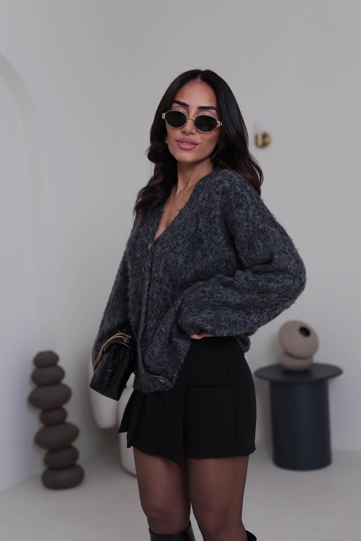 0264 V Yaka Şardonlu Düğmeli Hırka ANTRASİT