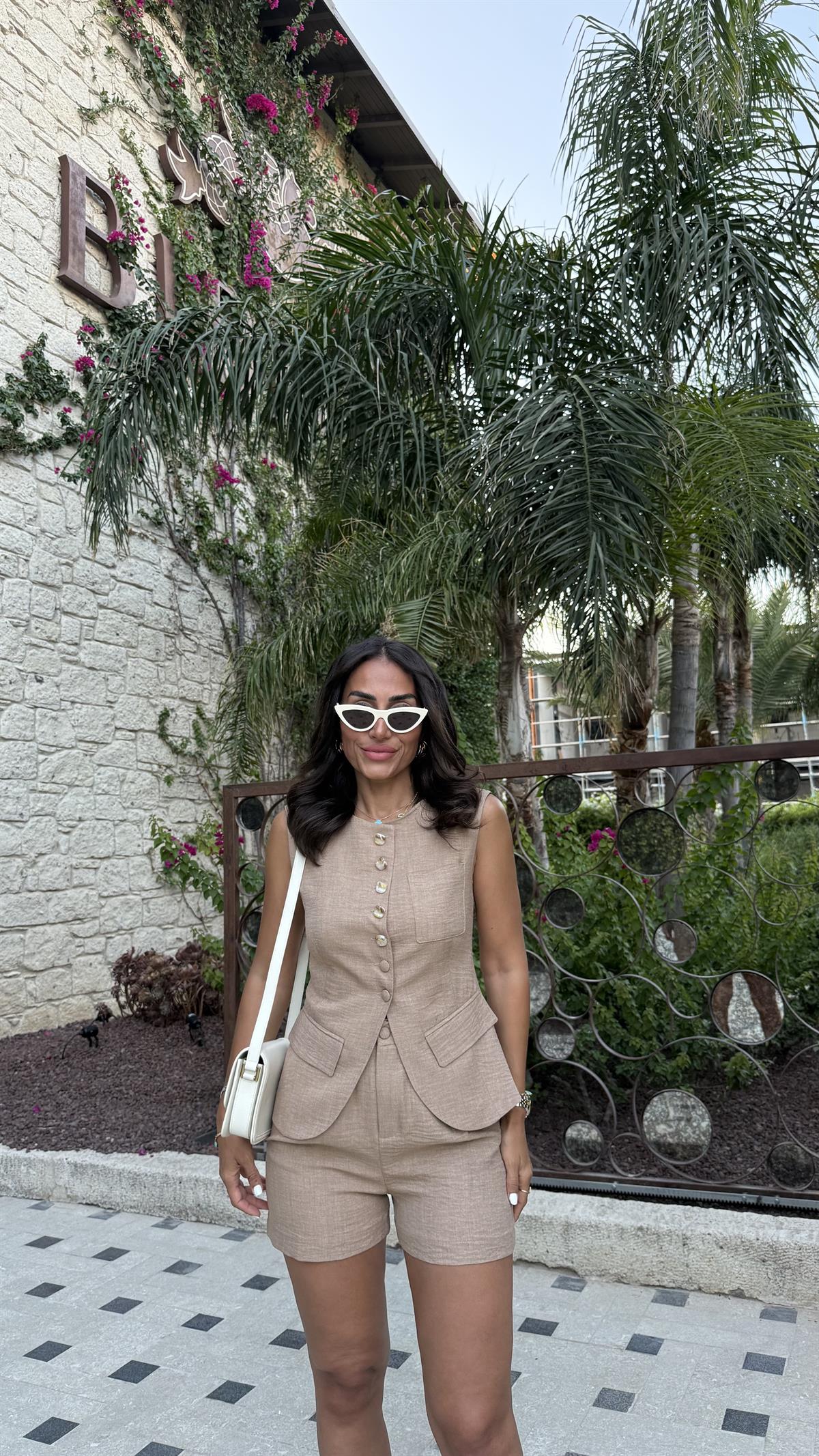 0284 Düğme Detaylı Dokuma Yelek & Şort Takım CAMEL