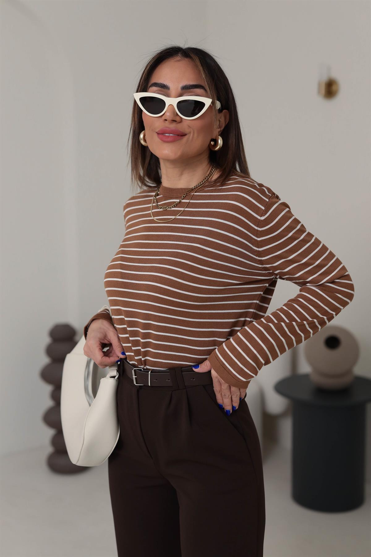 Çizgili Bisiklet Yaka Merzerize Triko TABA