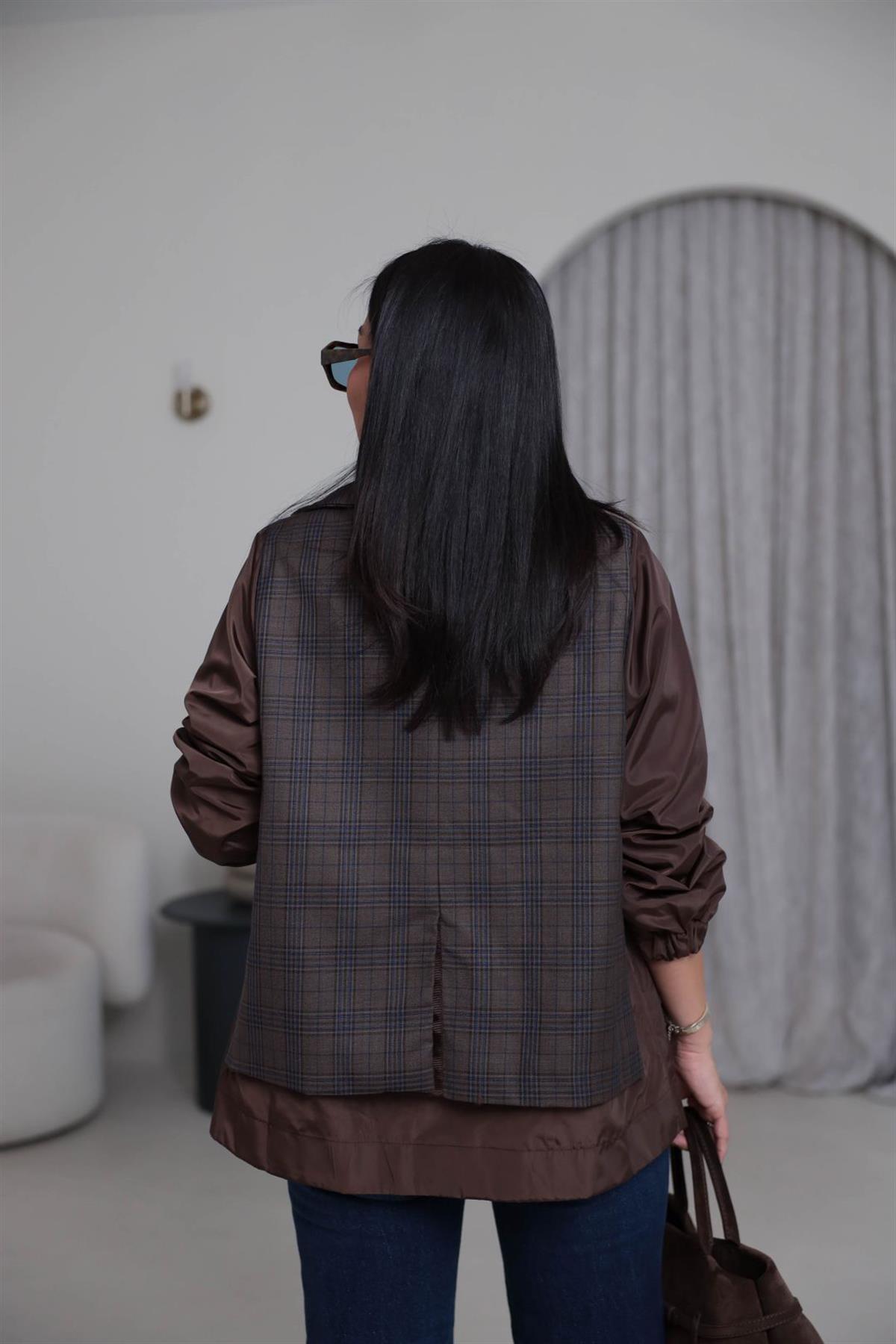 6927 Ekose Ceket Görünümlü Dik Yaka Paraşüt Yağmurluk ACI KAHVE