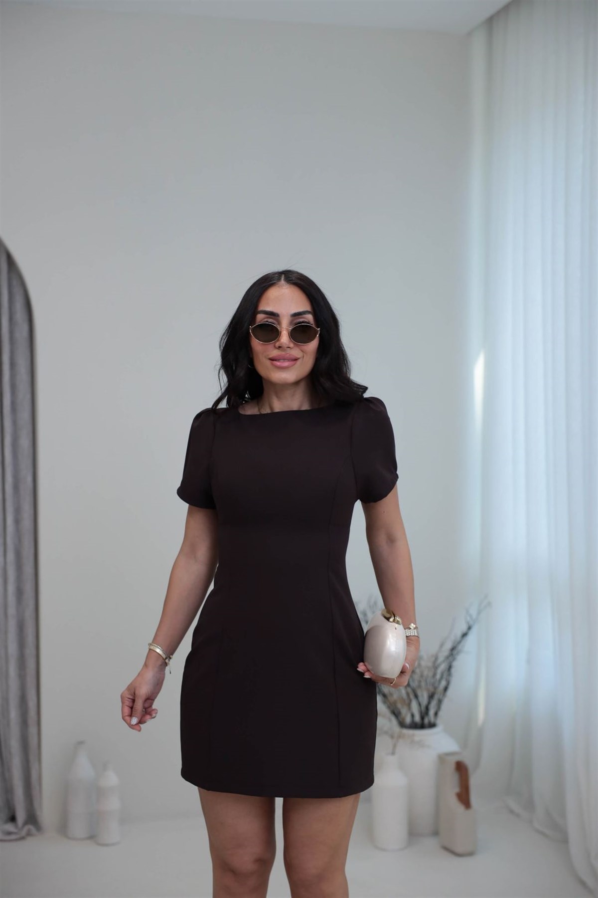 3904 Prenses Kol Belden Oturtmalı Elibise ACI KAHVE