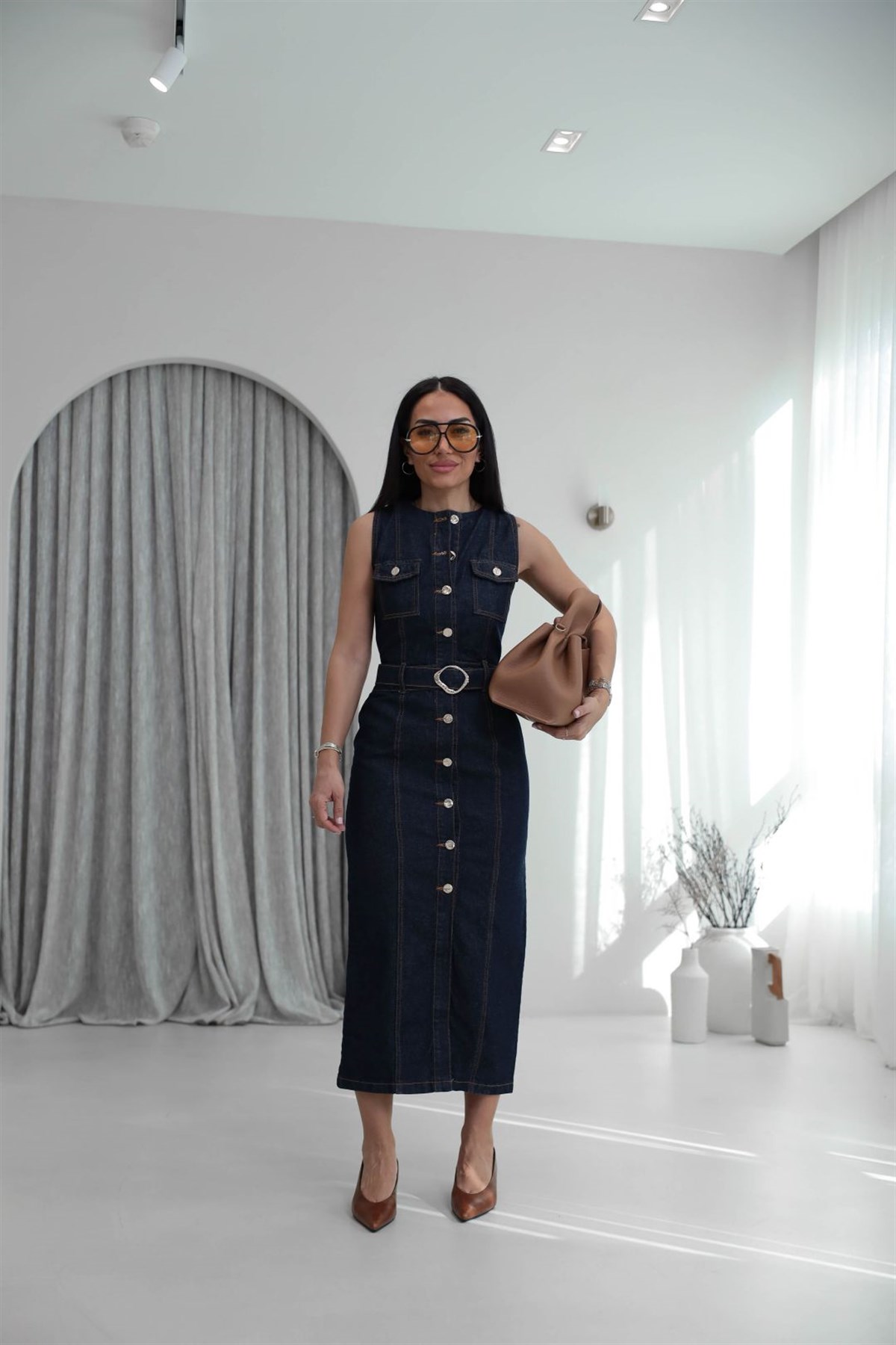 9303 Cep Kapaklı Gold Düğme Detaylı Kuşaklı Denim Elbise LACİVERT