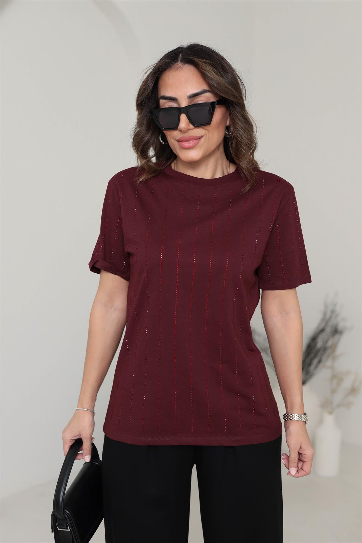 7103 Şerit Taşlı Pamuklu Tshirt BORDO
