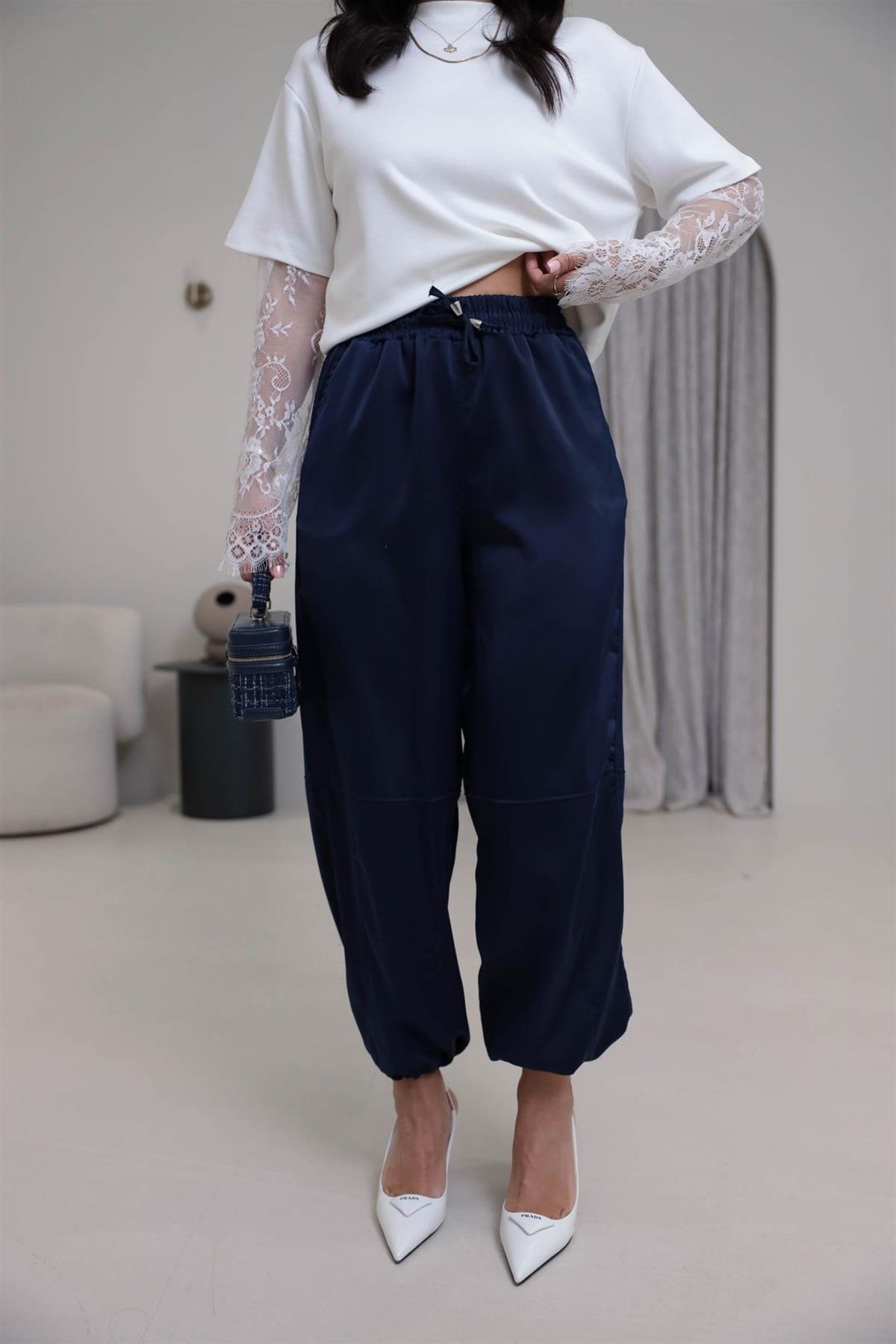 1121 Paça Büzgülü Bel Lastikli Saten Pantolon LACİVERT