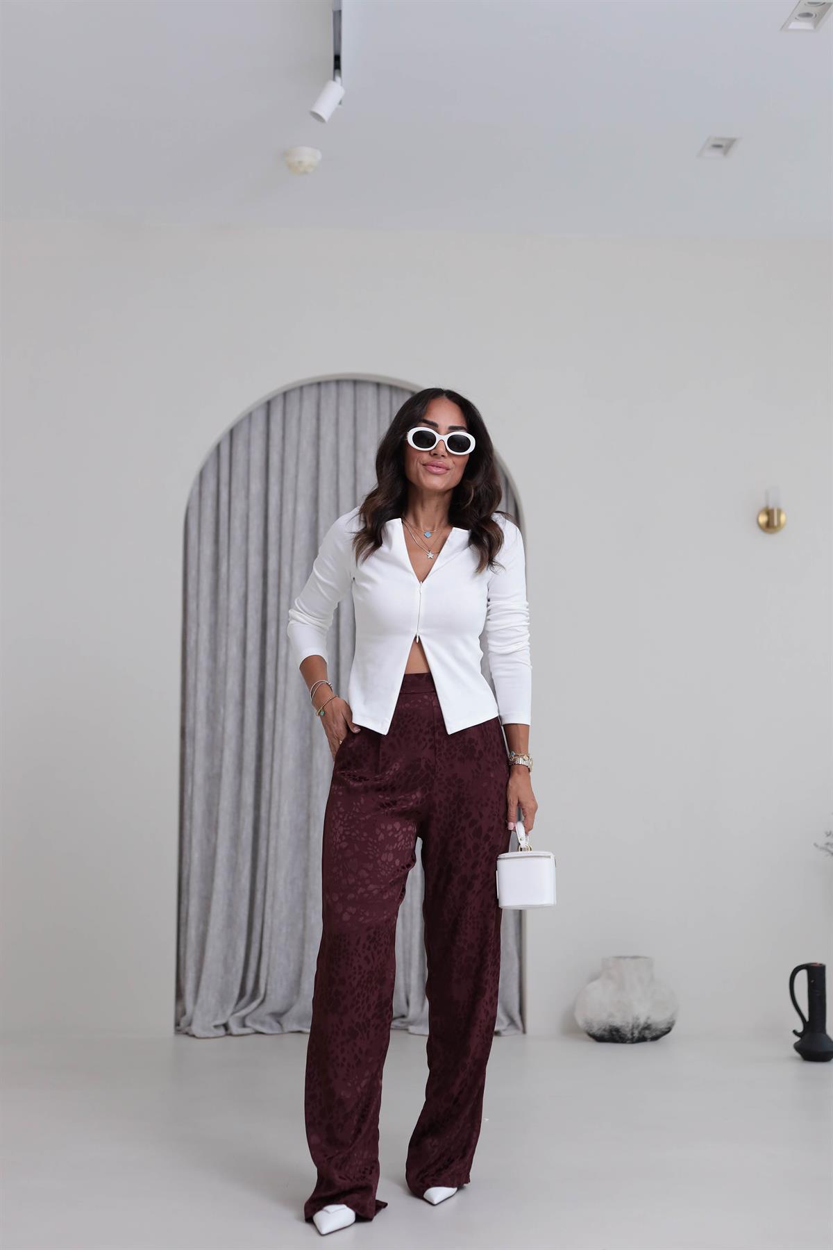 0338 Leopar Desen Saten Pantolon BORDO