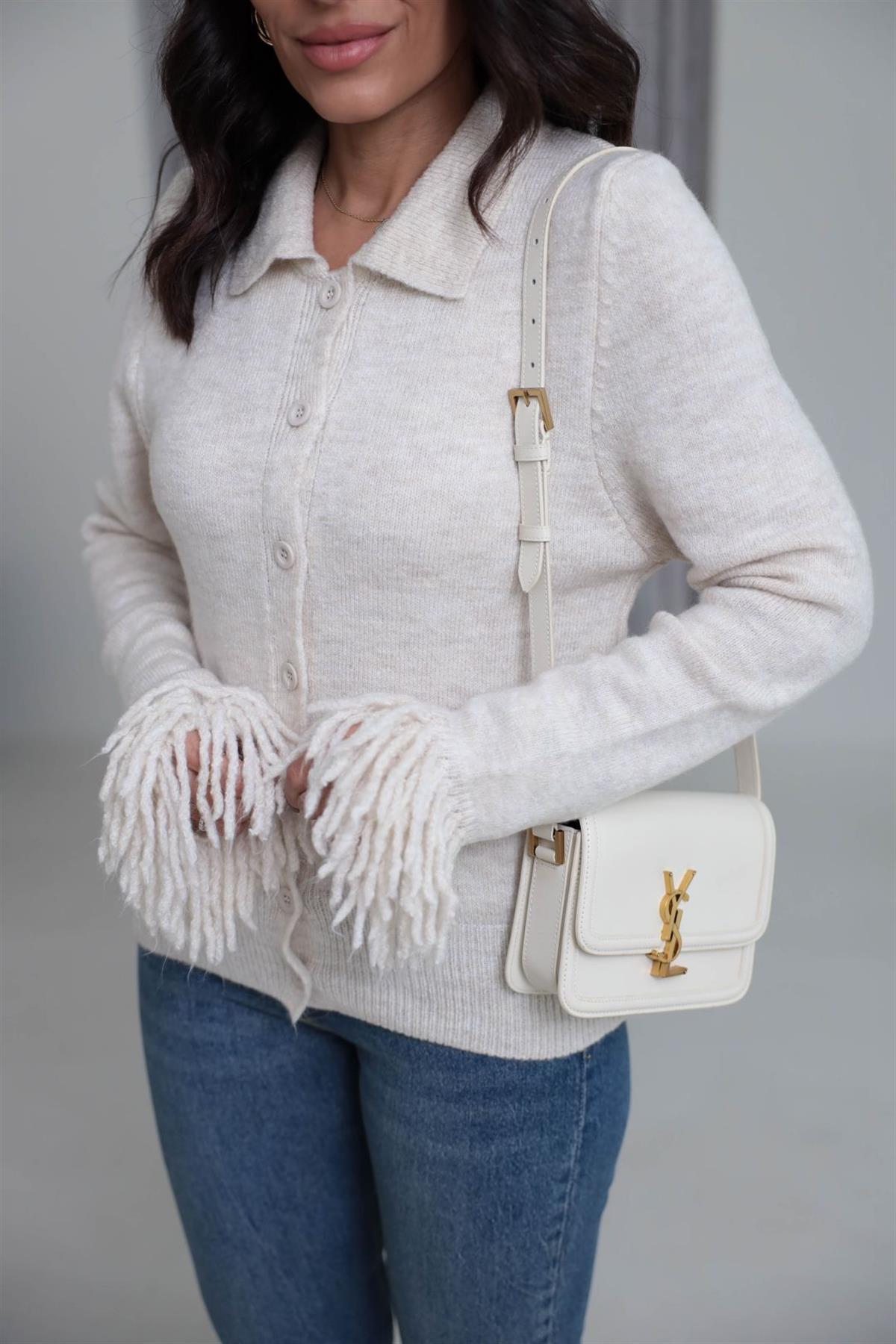 0162 Kolu Püsküllü Polo Yaka Hırka TAŞ