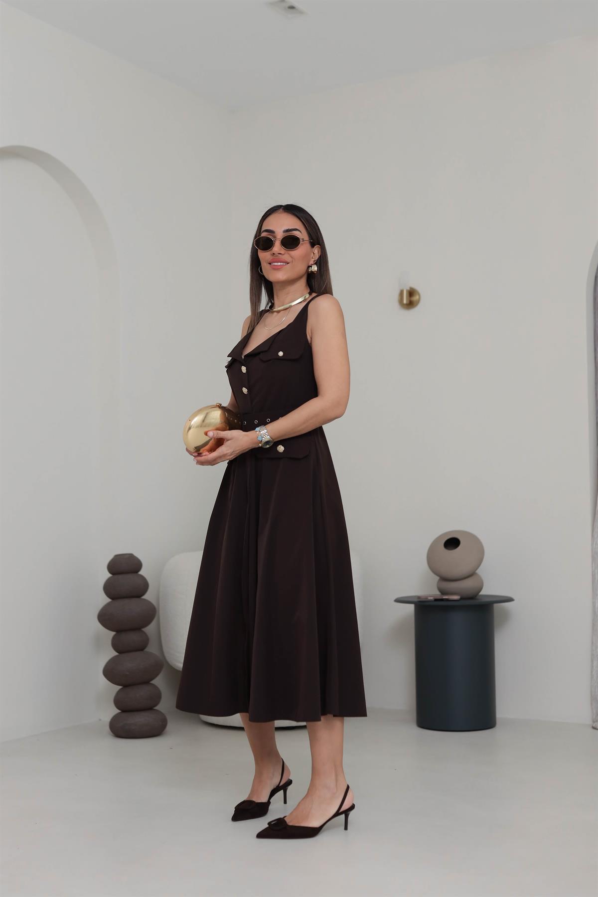 Kare Yaka Gold Düğmeli Cep Kapaklı Elbise ACI KAHVE