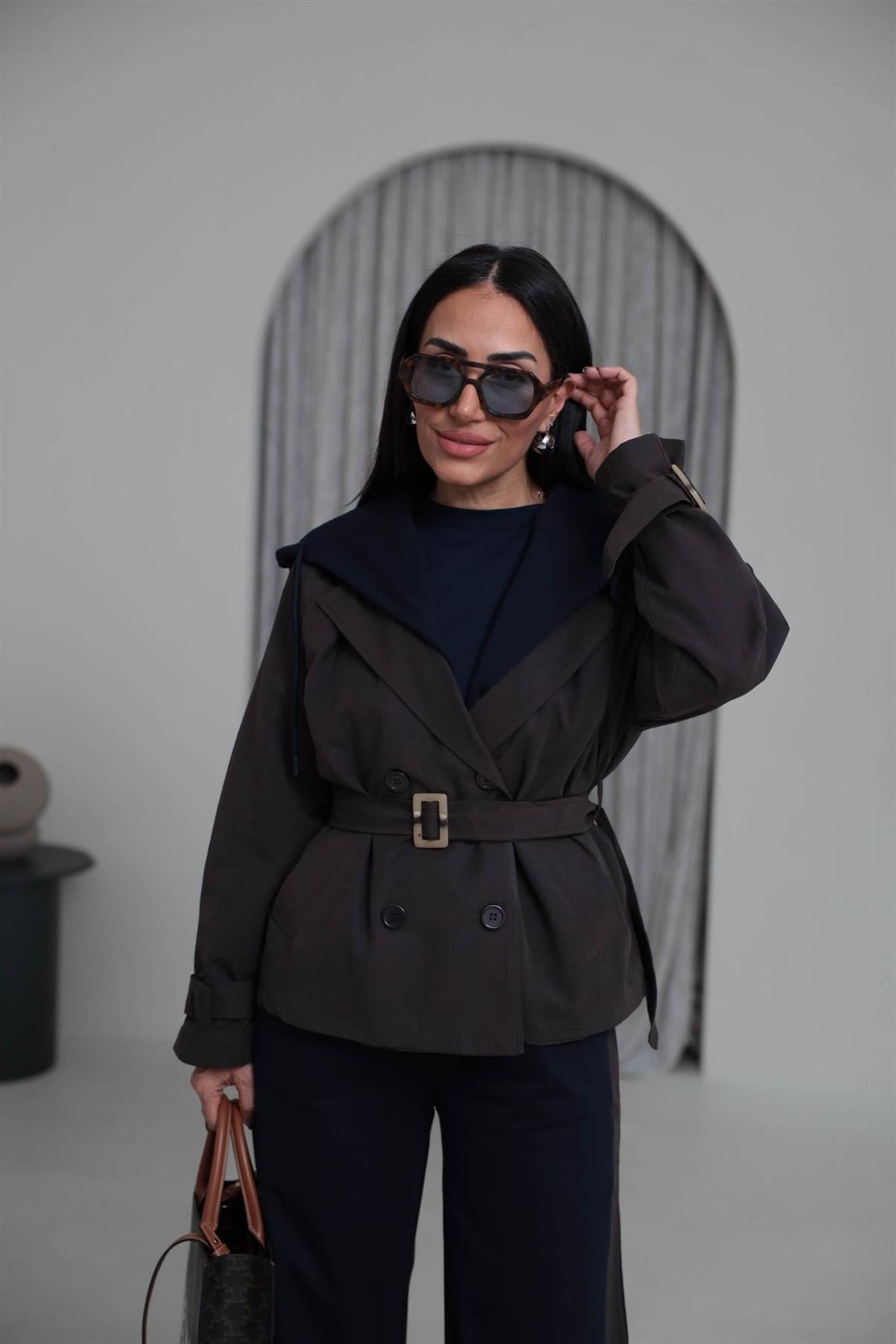 6984 Çıkarılabilir Kapşonlu Trençli Eşofman Takımı ACI KAHVE