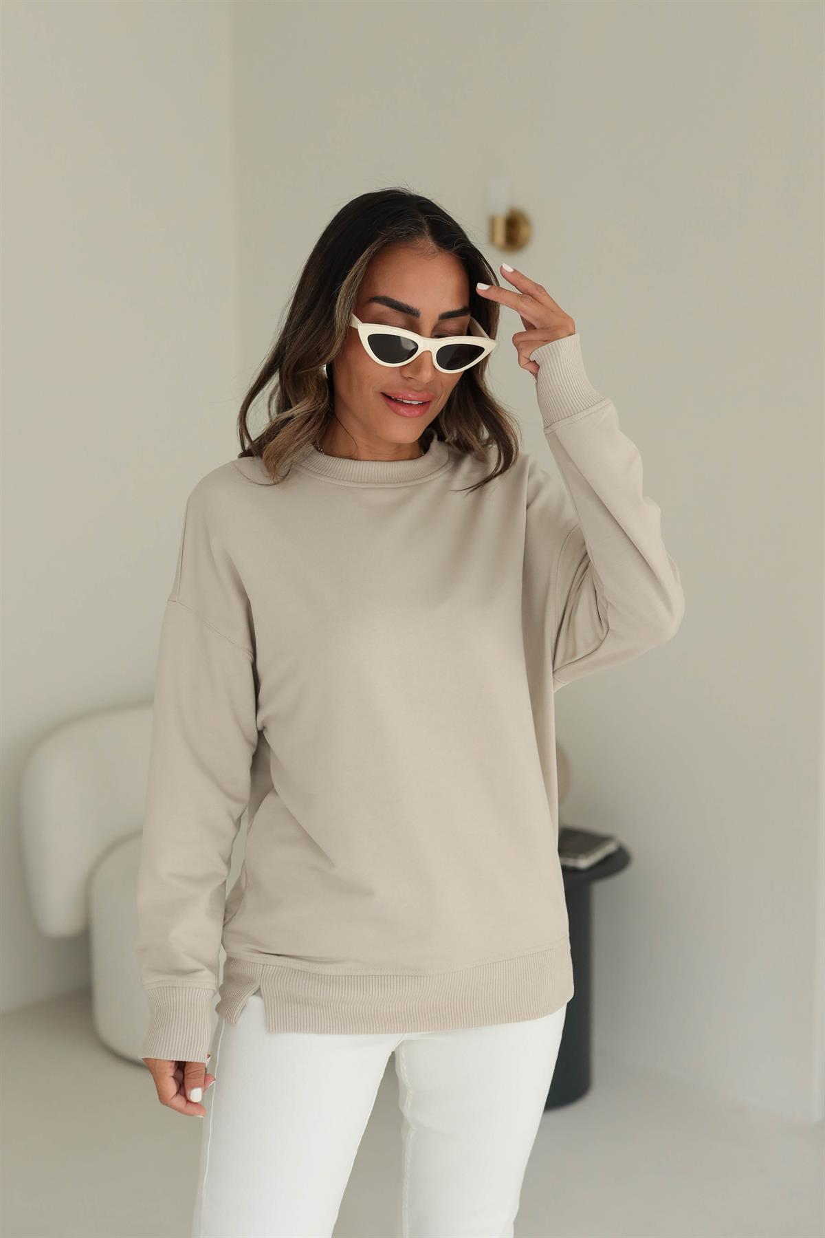9002 Düz Basic Sweatshirt BEJ