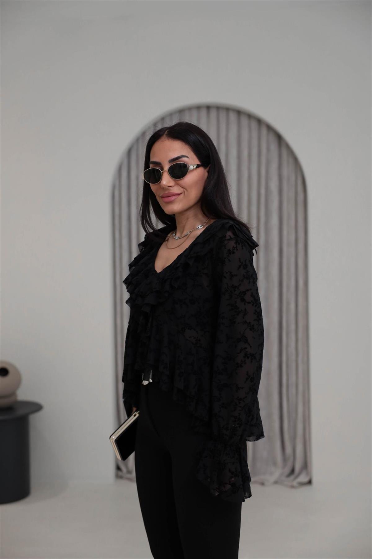 1110 Kadife Baskılı Fırfırlı Tül Bluz SİYAH