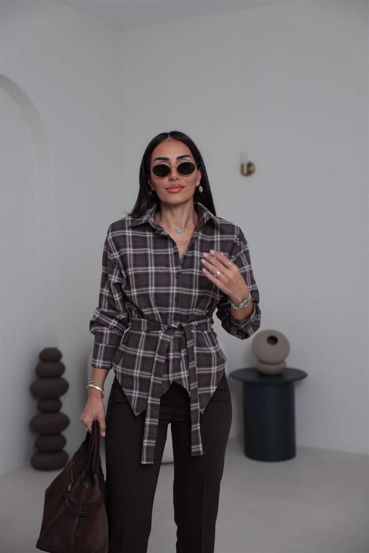 6997 Vatkalı Bağlama Detaylı Gömlek KAHVE