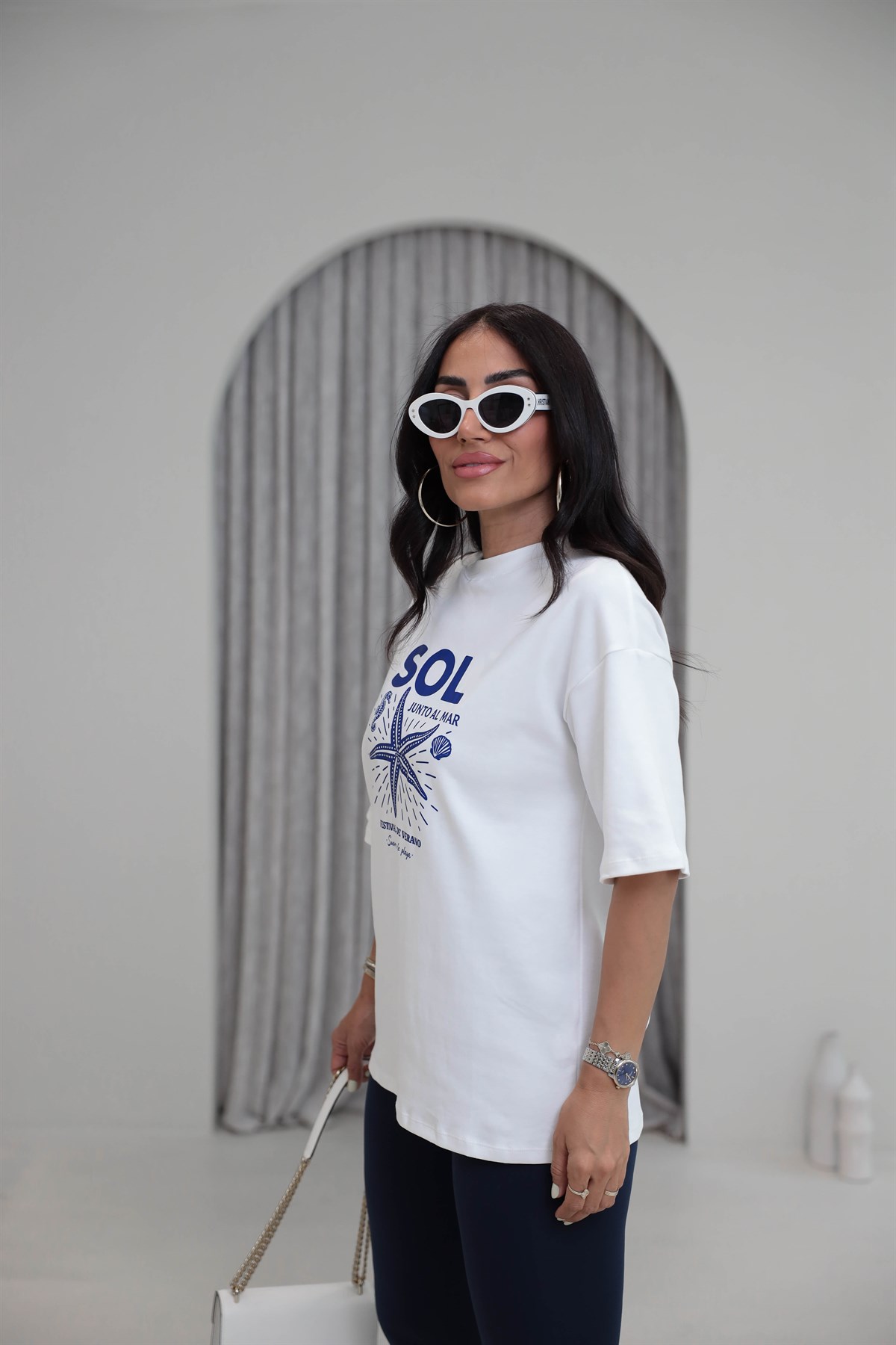 2031 Sol Deniz Yıldızı Desenli Oversize Pamuklu Tshirt EKRU