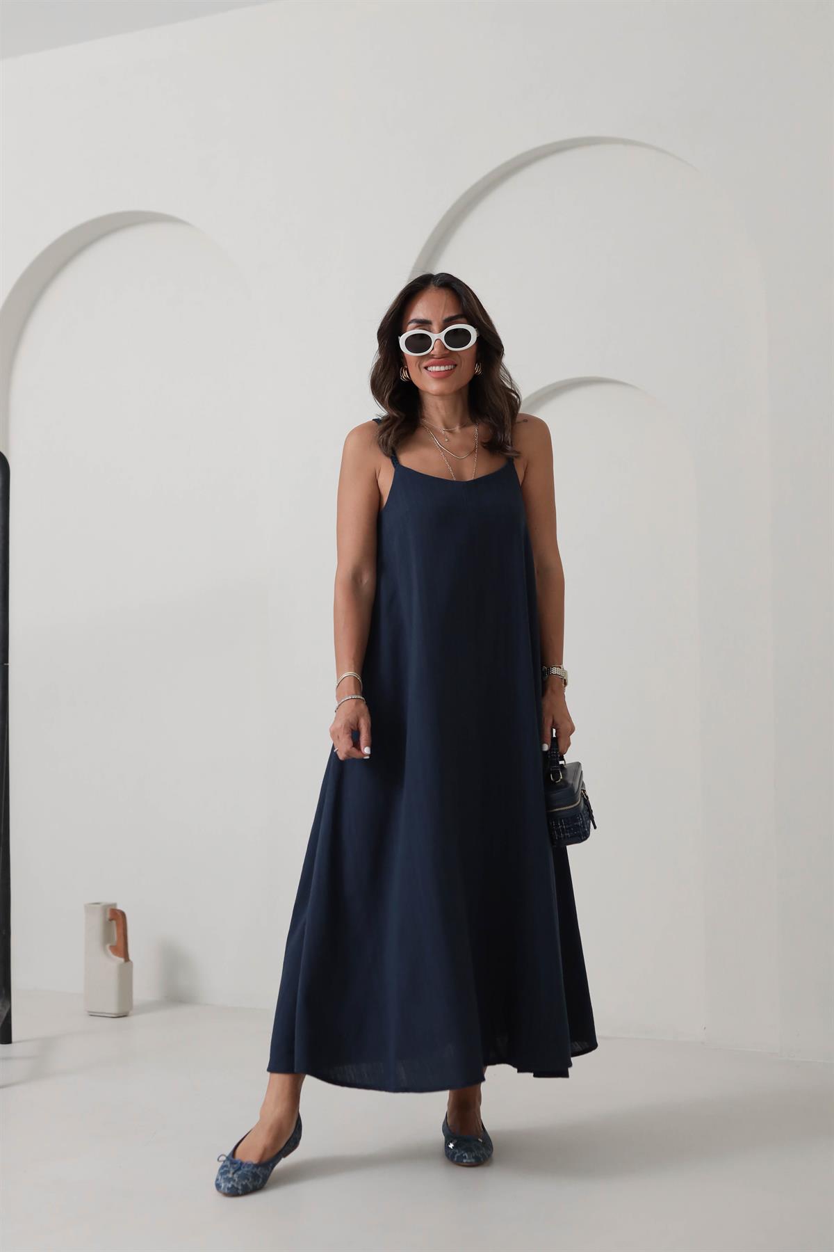 DXB Hasır Örgü Askılı Keten Elbise LACİVERT