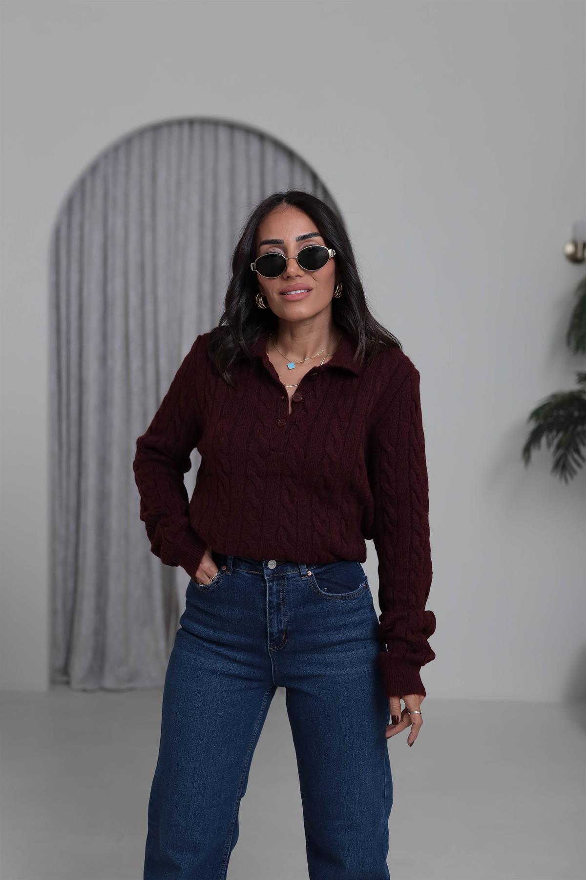 0145 Saç Örgü Polo Yaka Rahat Kazak MÜRDÜM