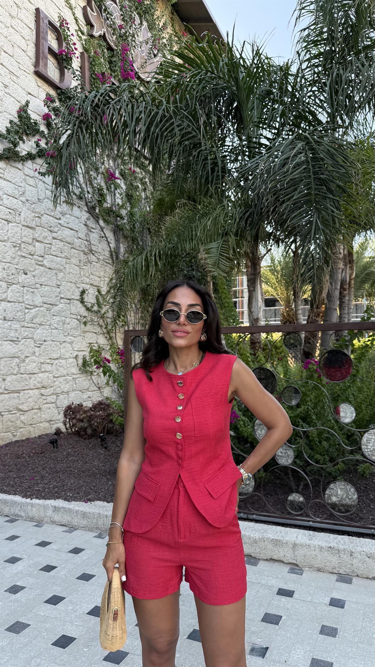 0284 Düğme Detaylı Dokuma Yelek & Şort Takım KIRMIZI