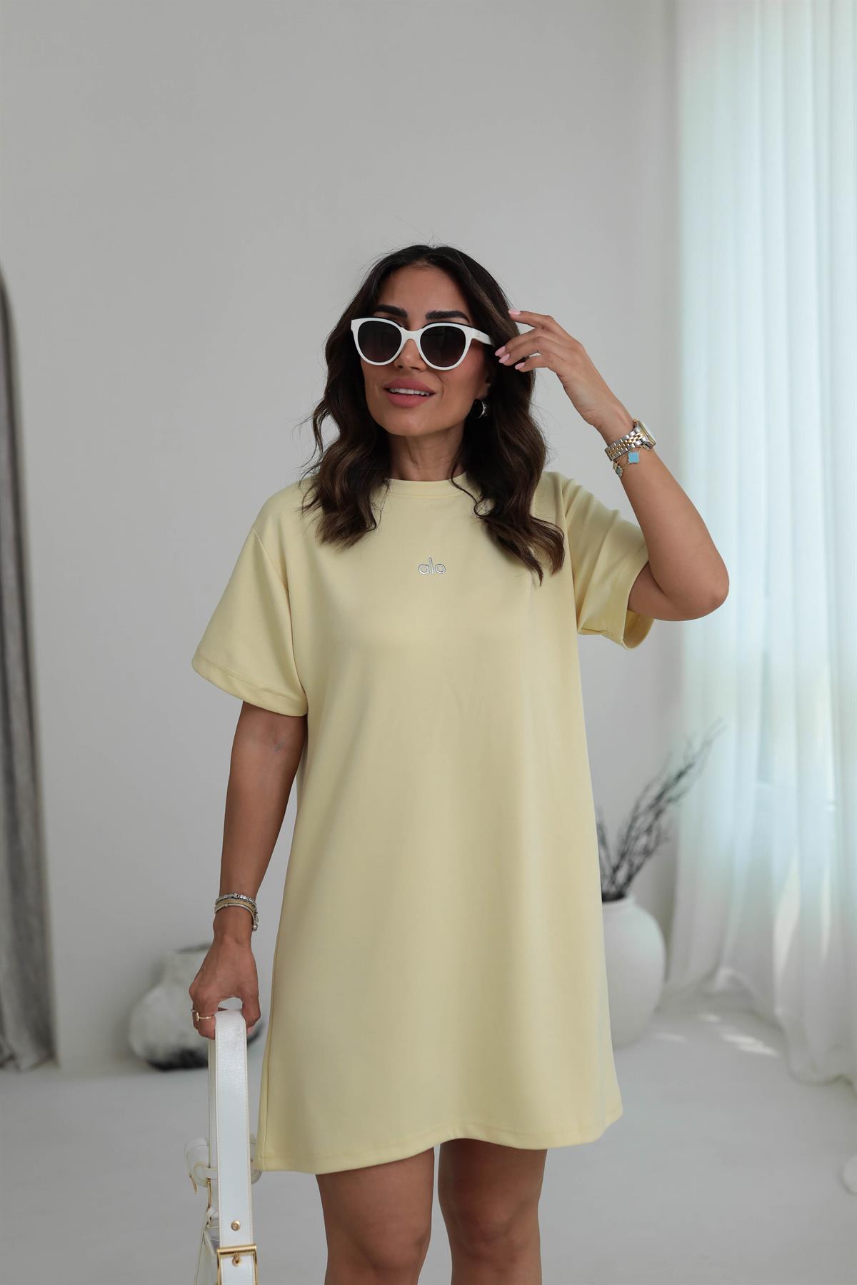 1570 Baskılı Modal Kumaş Rahat Kalıp Elbise SARI