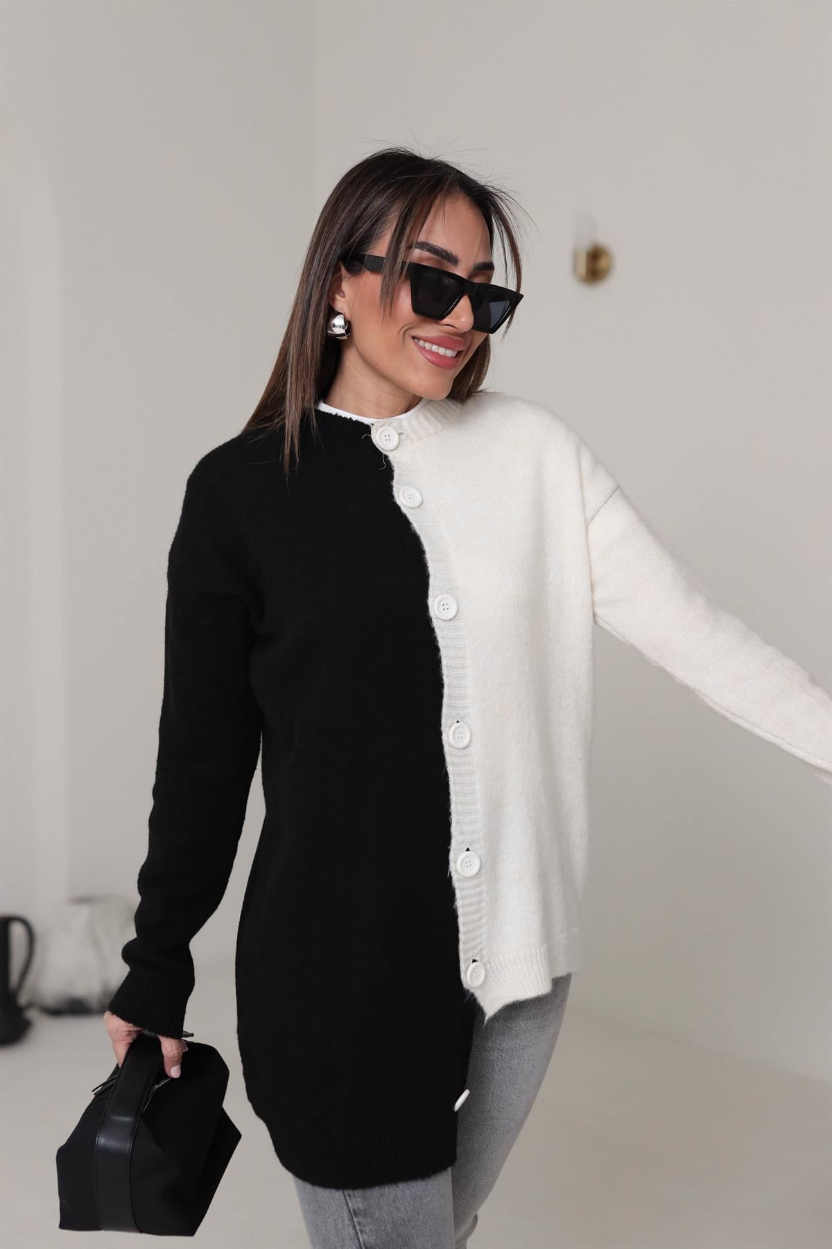 4071 İki Renk Detaylı Hırka SİYAH