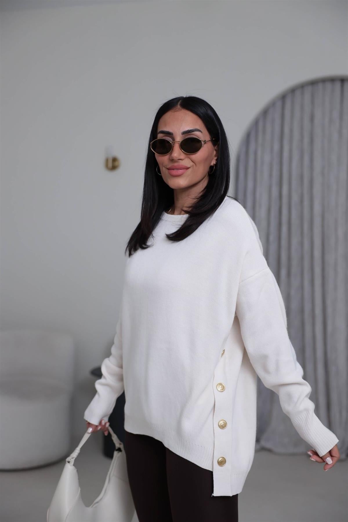 0184K Yanları Gold Düğmeli Uzun Triko Kazak EKRU