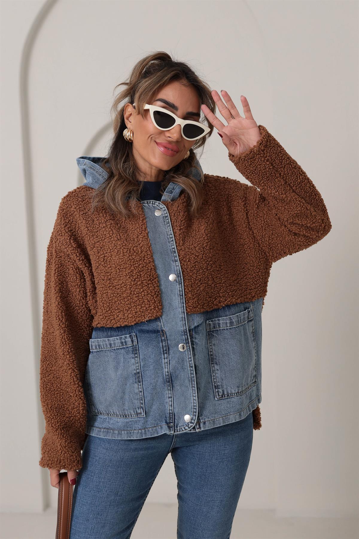 4163 Kot Garnili Kapşonlu Teddy Mont ACI KAHVE