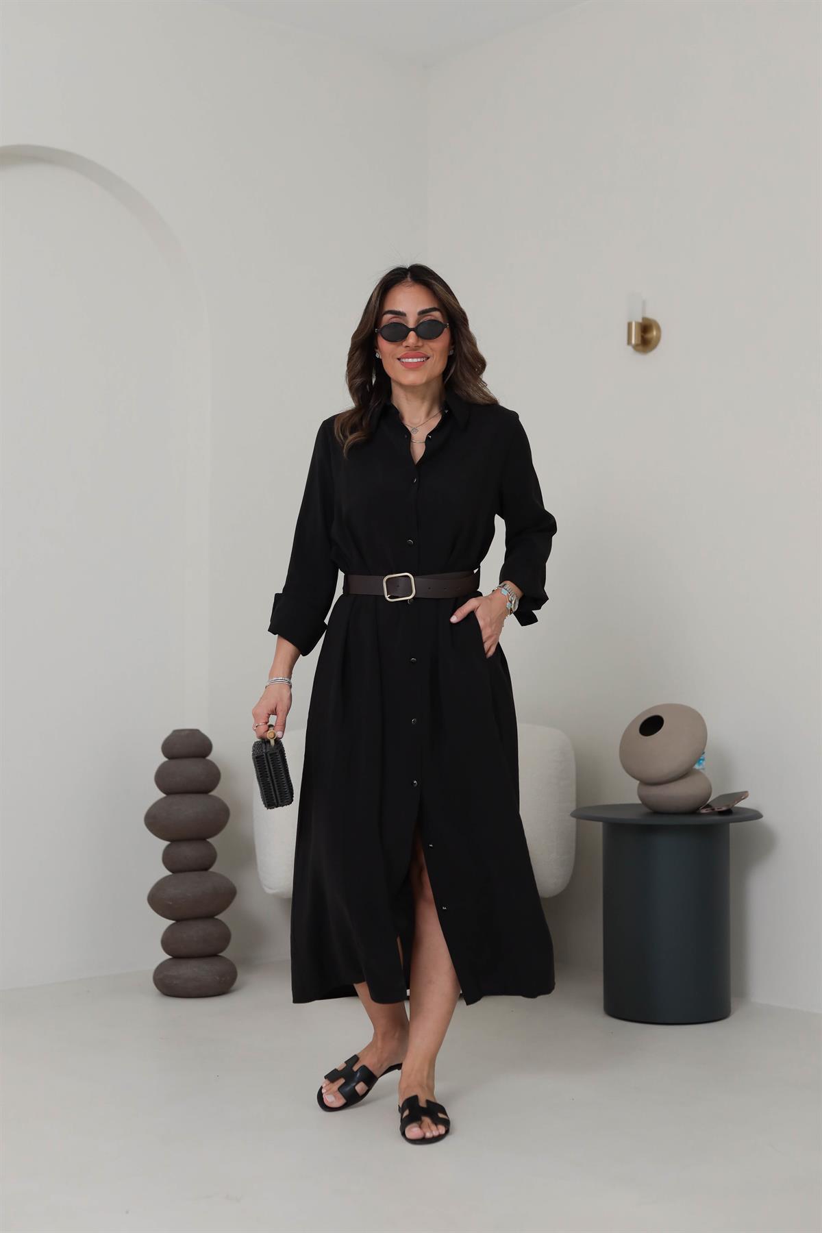 0286 Gold Düğmeli Tencel Gömlek Elbise SİYAH