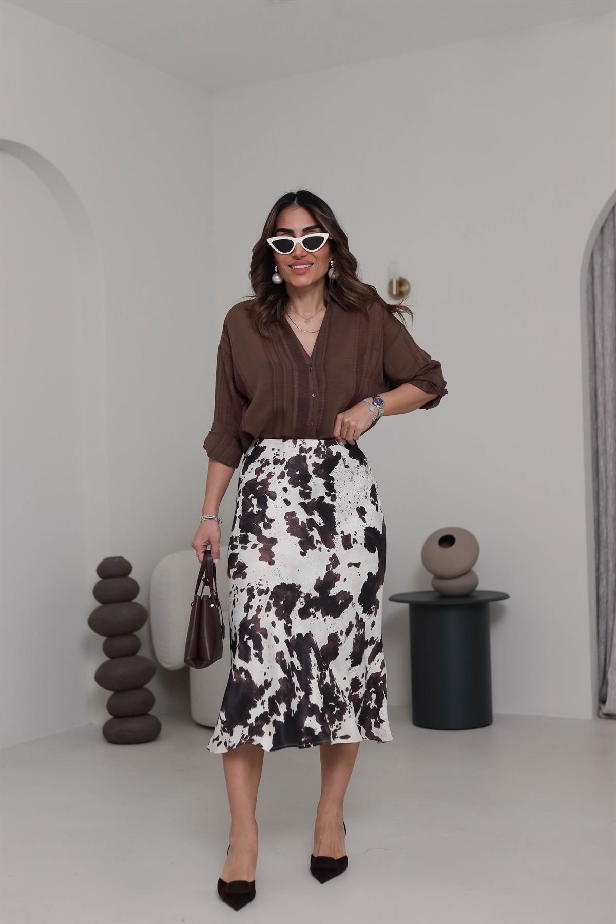 7200 Patchwork Desenli Saten Etek KAHVE