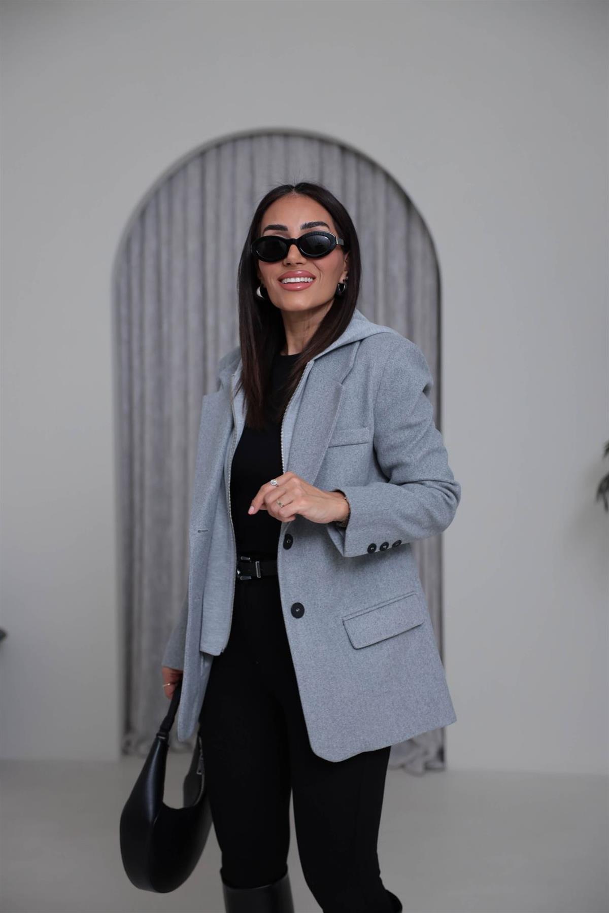 8733K Penye Kapşonlu Kaşe Ceket GRİ