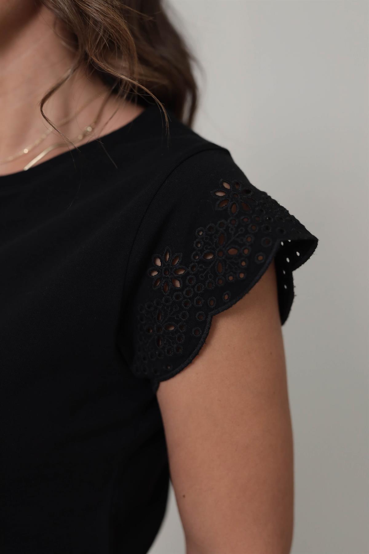 2982 Pamuklu Kolları Fistolu Tshirt SİYAH