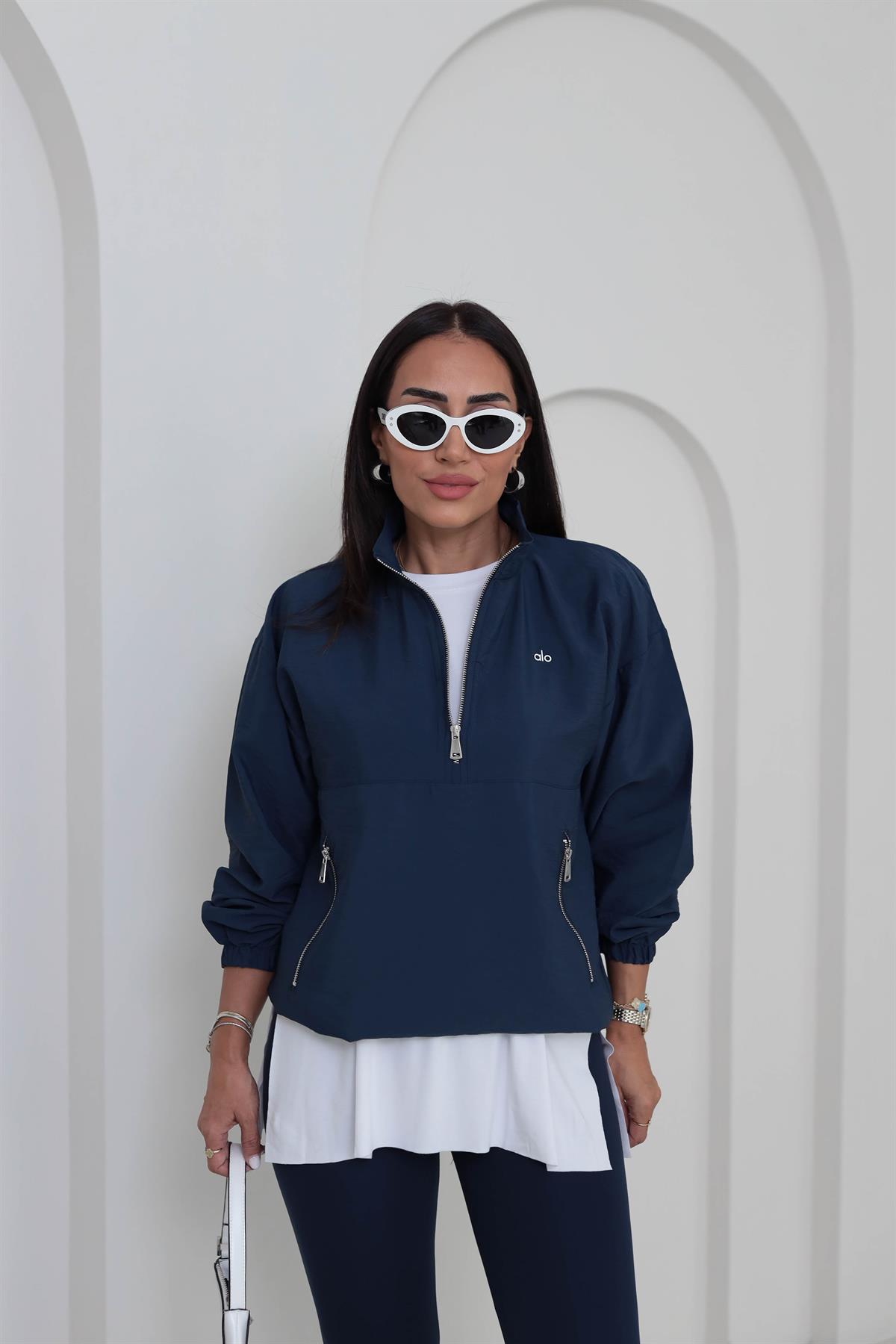 2120 Yazı Baskılı Rahat Paraşüt Sweatshirt LACİVERT