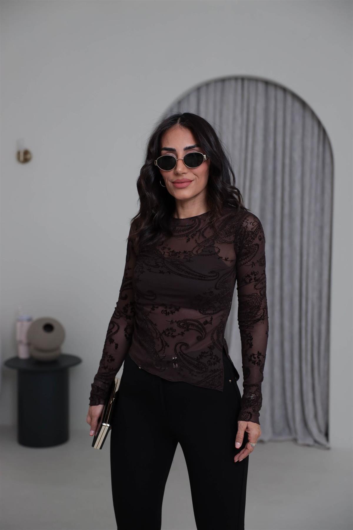 7248 Kadife Baskılı Asimetrik Tül Bluz KAHVE