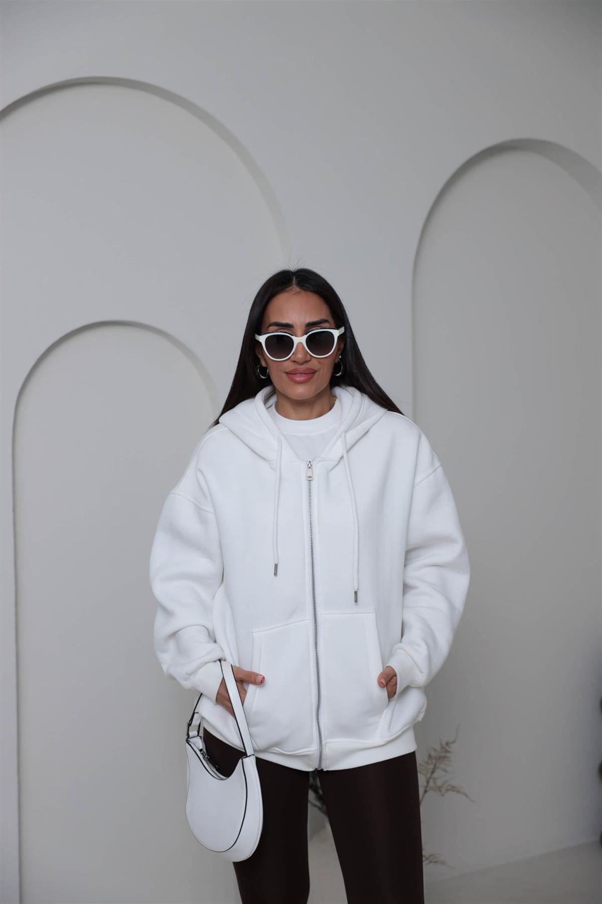 1003 3 İplik Şardonlu Kapşonlu Fermuarlı Ceket EKRU