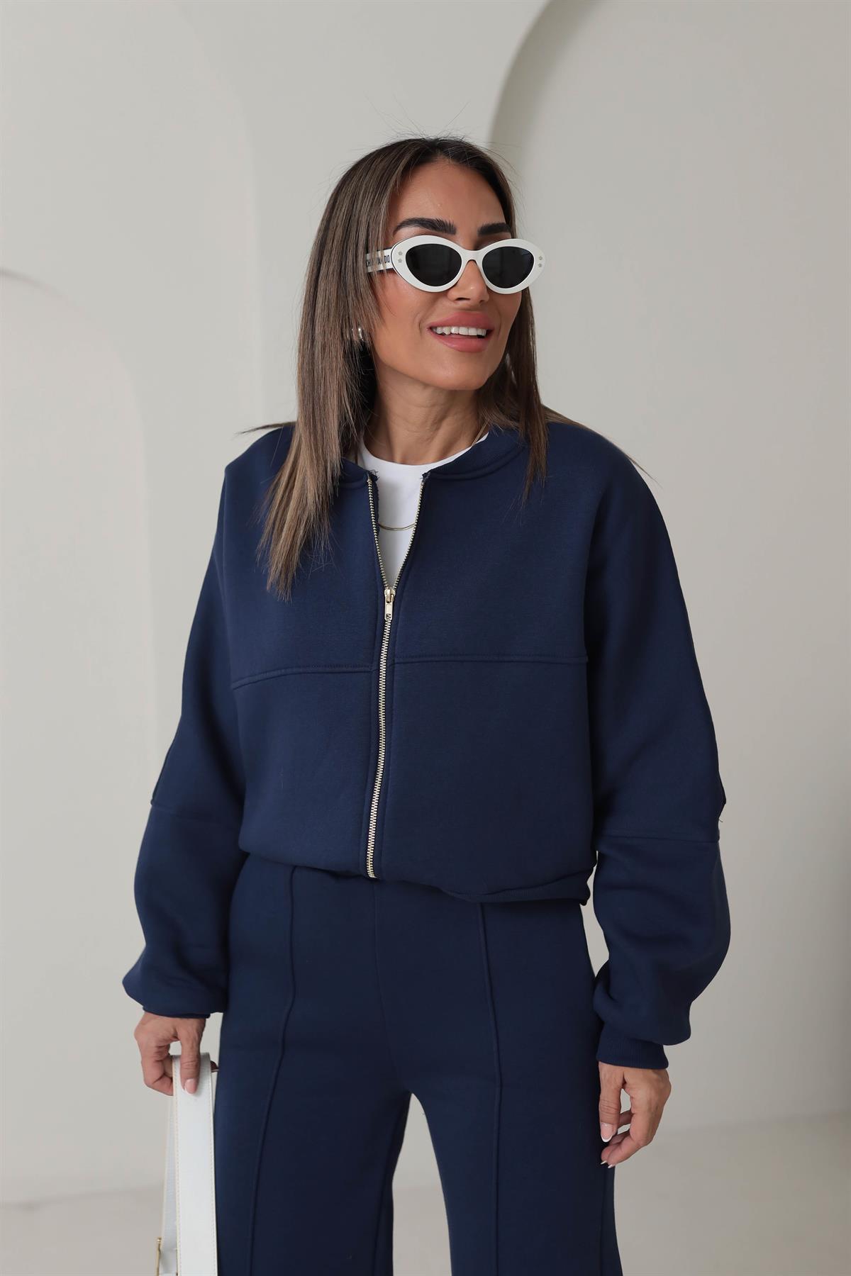 Fermuarlı Çimalı 3iplik Şardonlu Takım LACİVERT