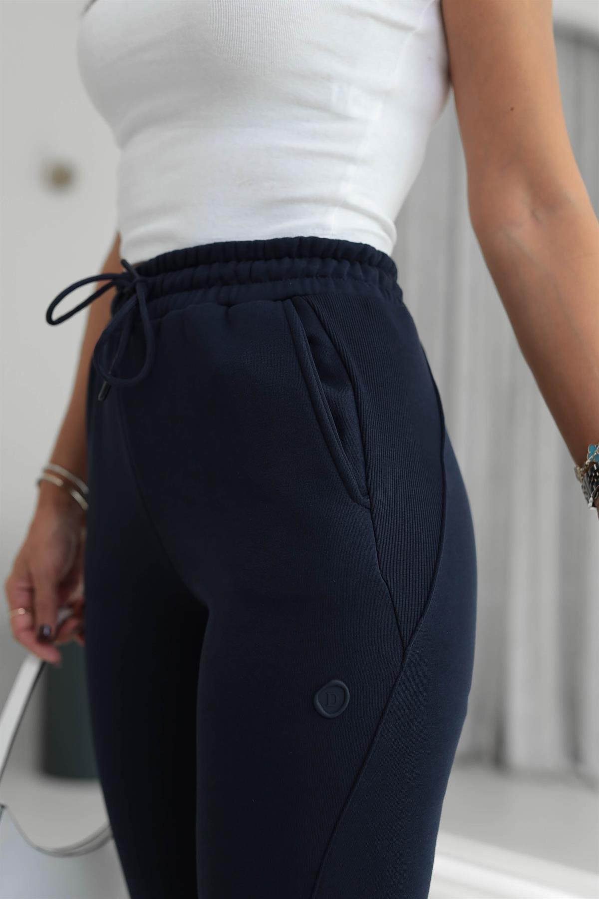 7314 Ribanalı Bel Lastikli 3 iplik Şardonlu Eşofman Altı LACİVERT