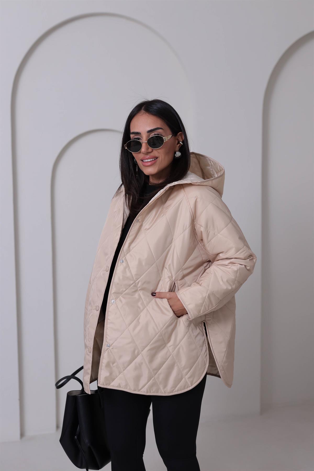 4211 Kapitone Kapşonlu Oversize Mont BEJ