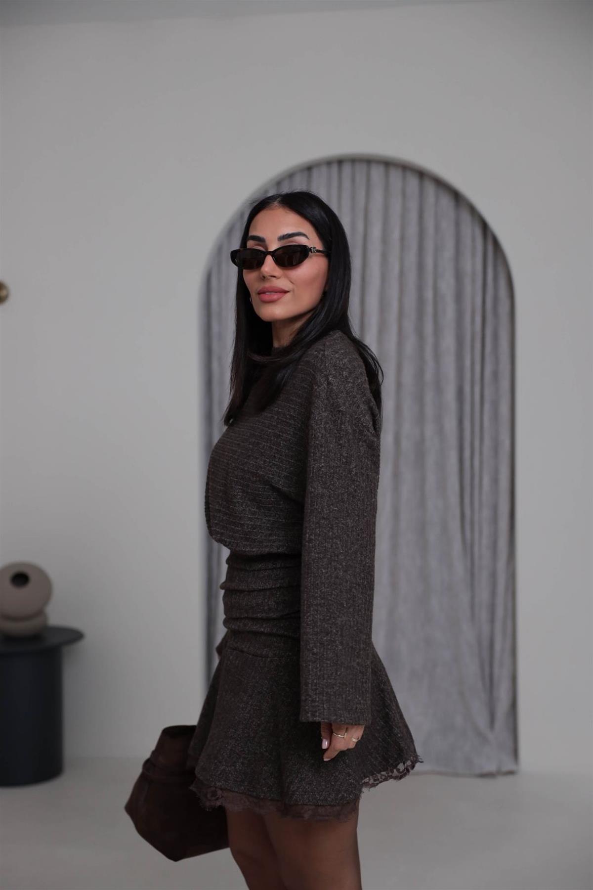 5527 Bel Drapeli Etek Ucu Dantelli Elbise KAHVE