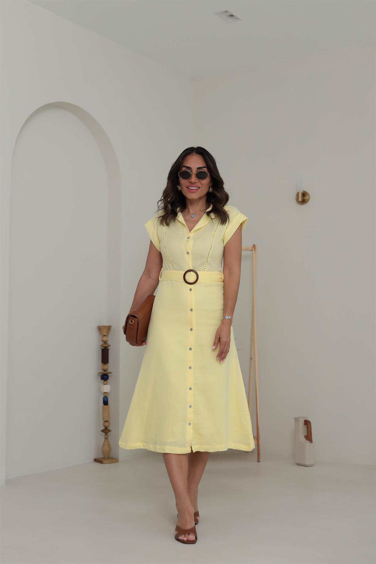7008 Dantelli Müslin Gömlek Elbise SARI