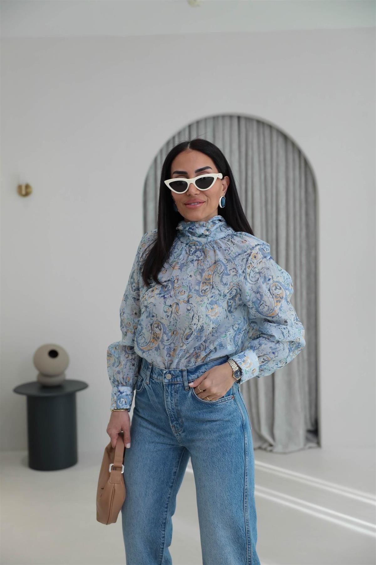 8169 Desenli Şal Yaka Gömlek MAVİ