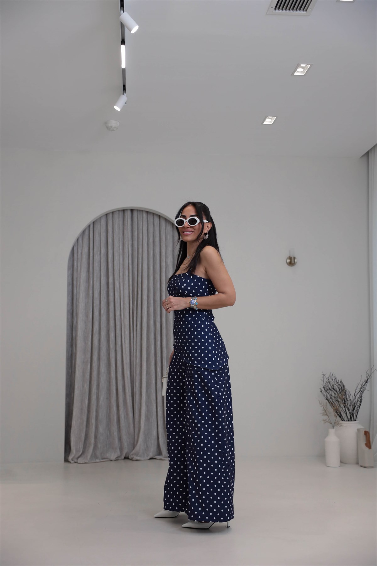 4161 Puantiyeli Askılı Bluz Pantolon Takım LACİVERT