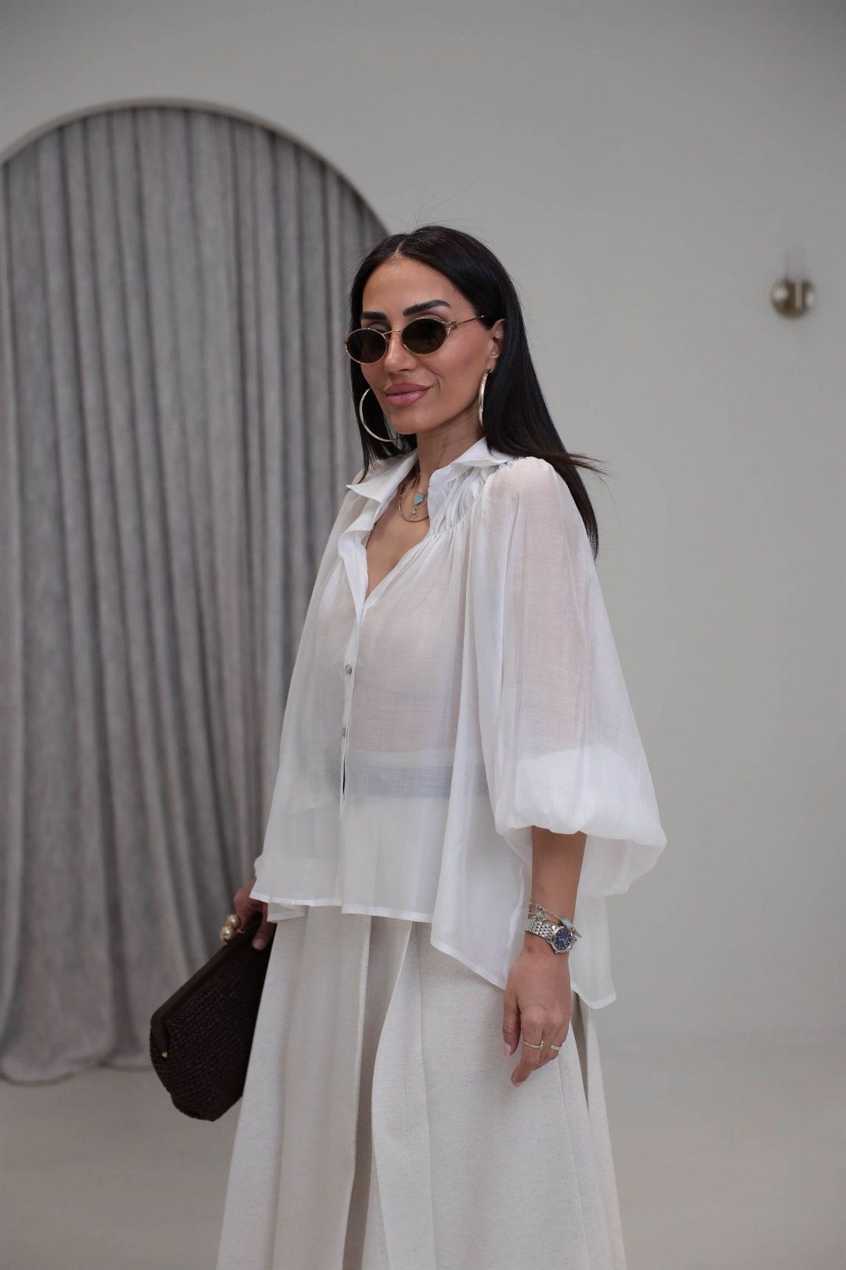 5018 Büzgü Detaylı Tencel Gömlek BEYAZ