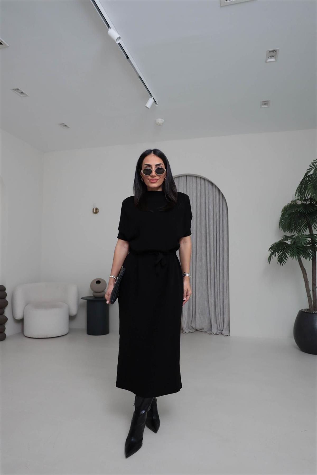 5265 Dik Yaka Kuşaklı Triko Elbise SİYAH