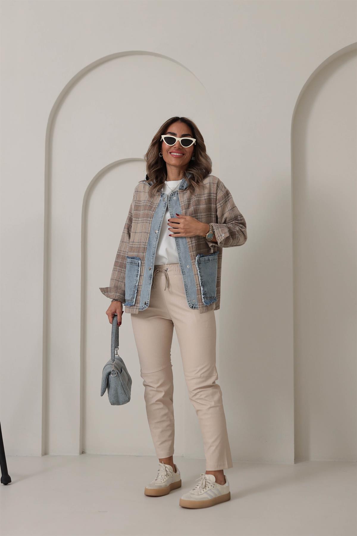 3410 Krokodil Parçalı Deri Pantolon