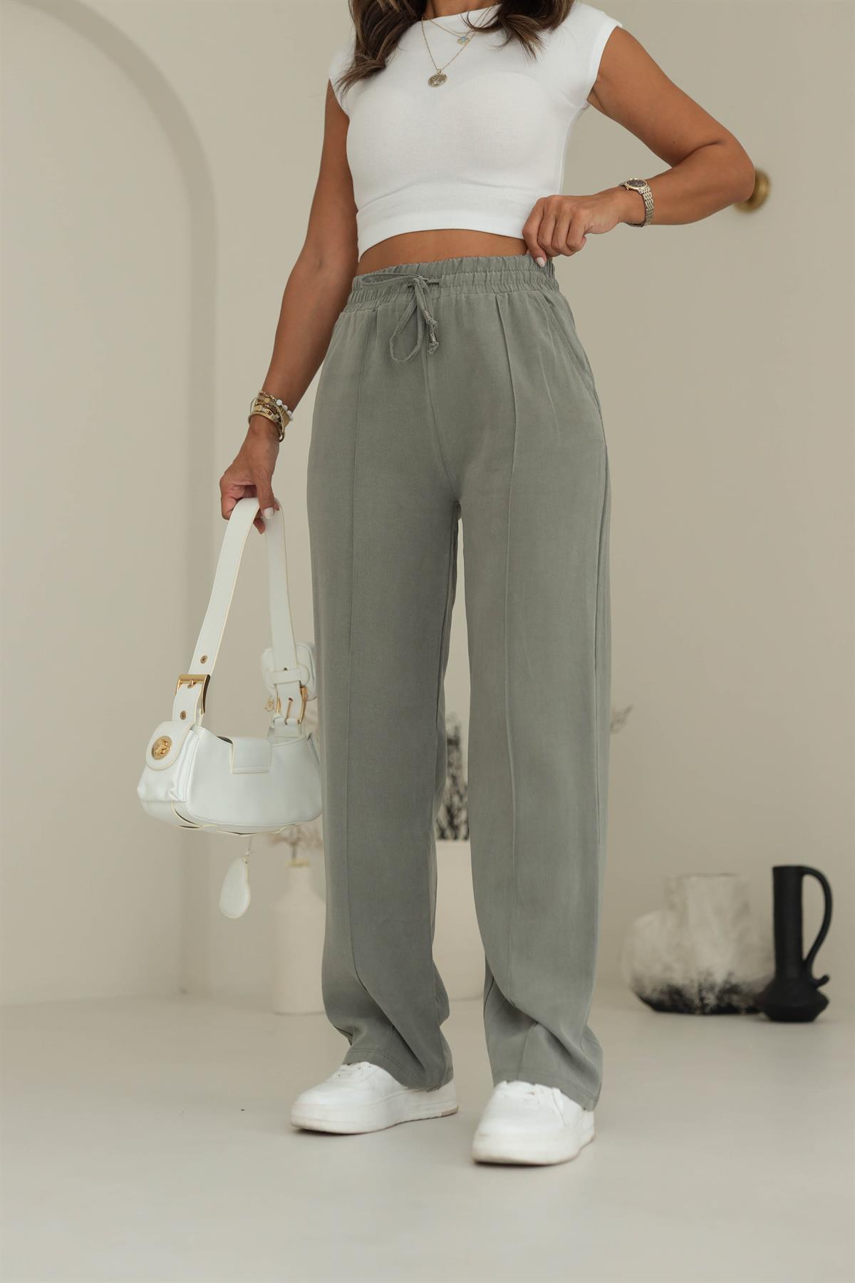 Tencel Kumaş Bel Lastikli Önü Çimalı Pantolon