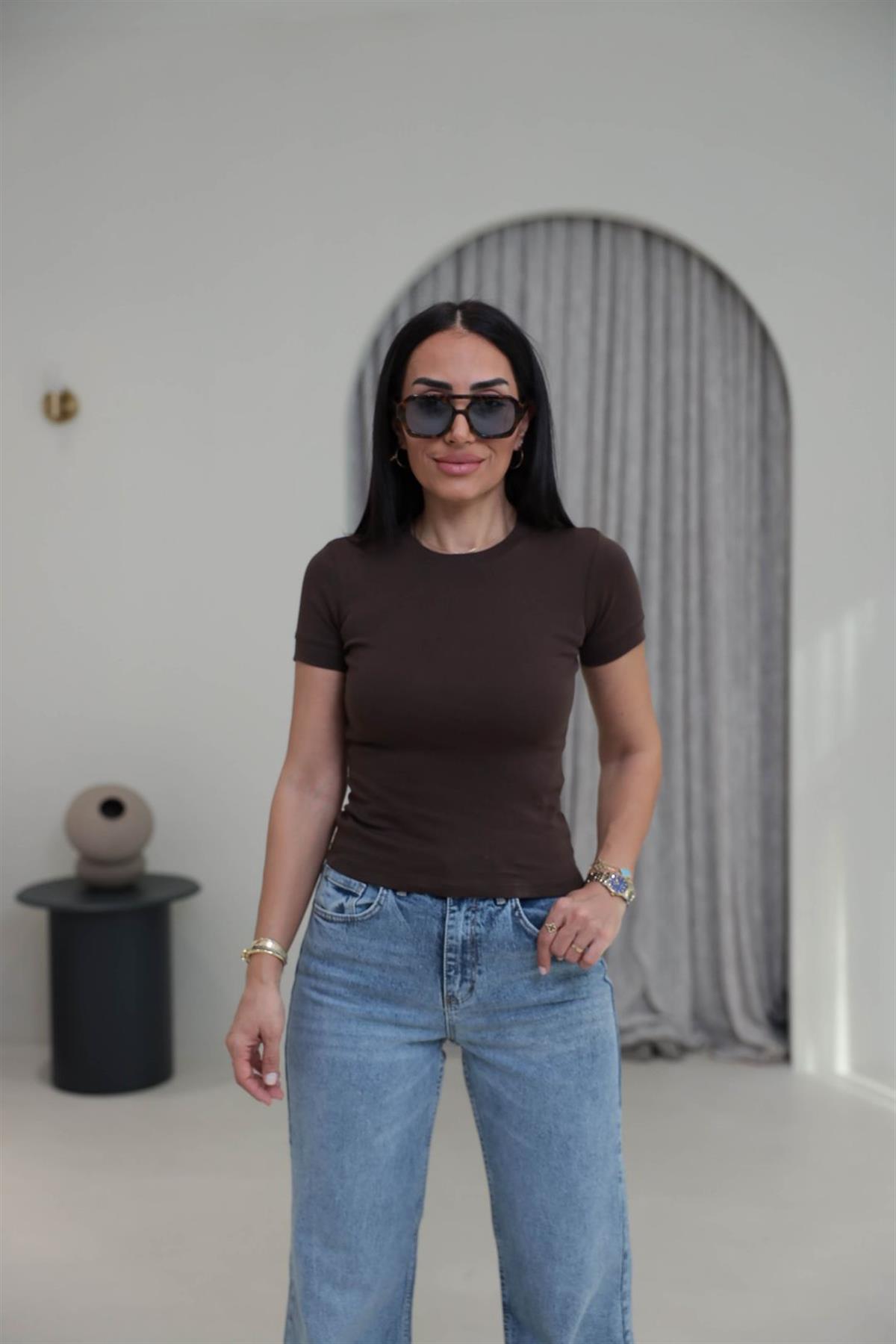 1591 Ribanalı Basic Pamuklu Tshirt KAHVE
