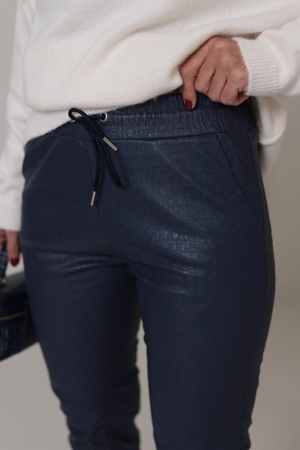3410 Krokodil Parçalı Deri Pantolon